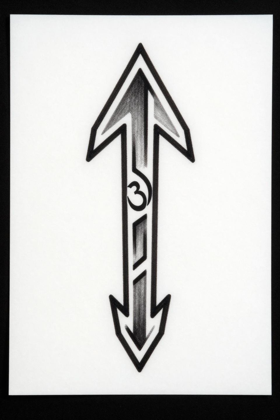 little meaningful tattoos geometric arrow flash, tribal angular fletching, Om symbol mid-shaft integration, bold 2-3pt flat black fills on white paper