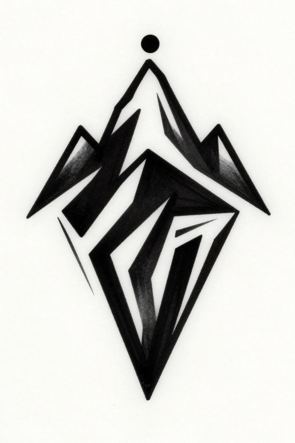 little meaningful tattoos tribal geometric mountain flash, sharp angular peak solid dot summit, flat black filled triangular base sections, bold 2-3pt outlines no gradients