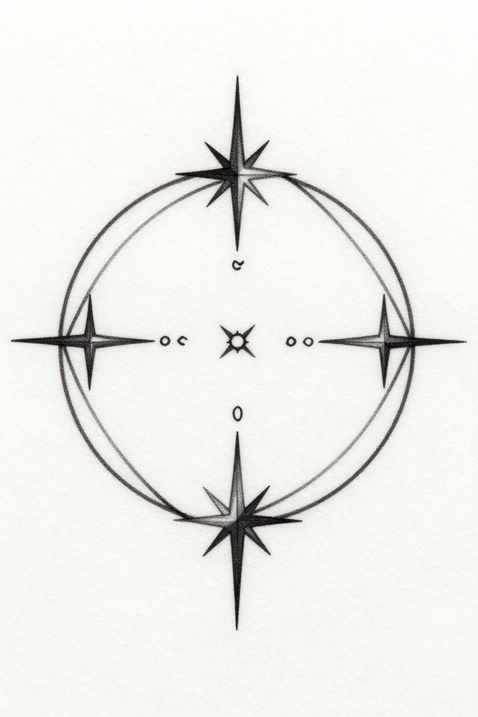 little tattoos with meaning botanical geometric star flash, personal asterism three stellar points, connecting geometry 0.5pt hairline strokes, circular mandala composition grey wash