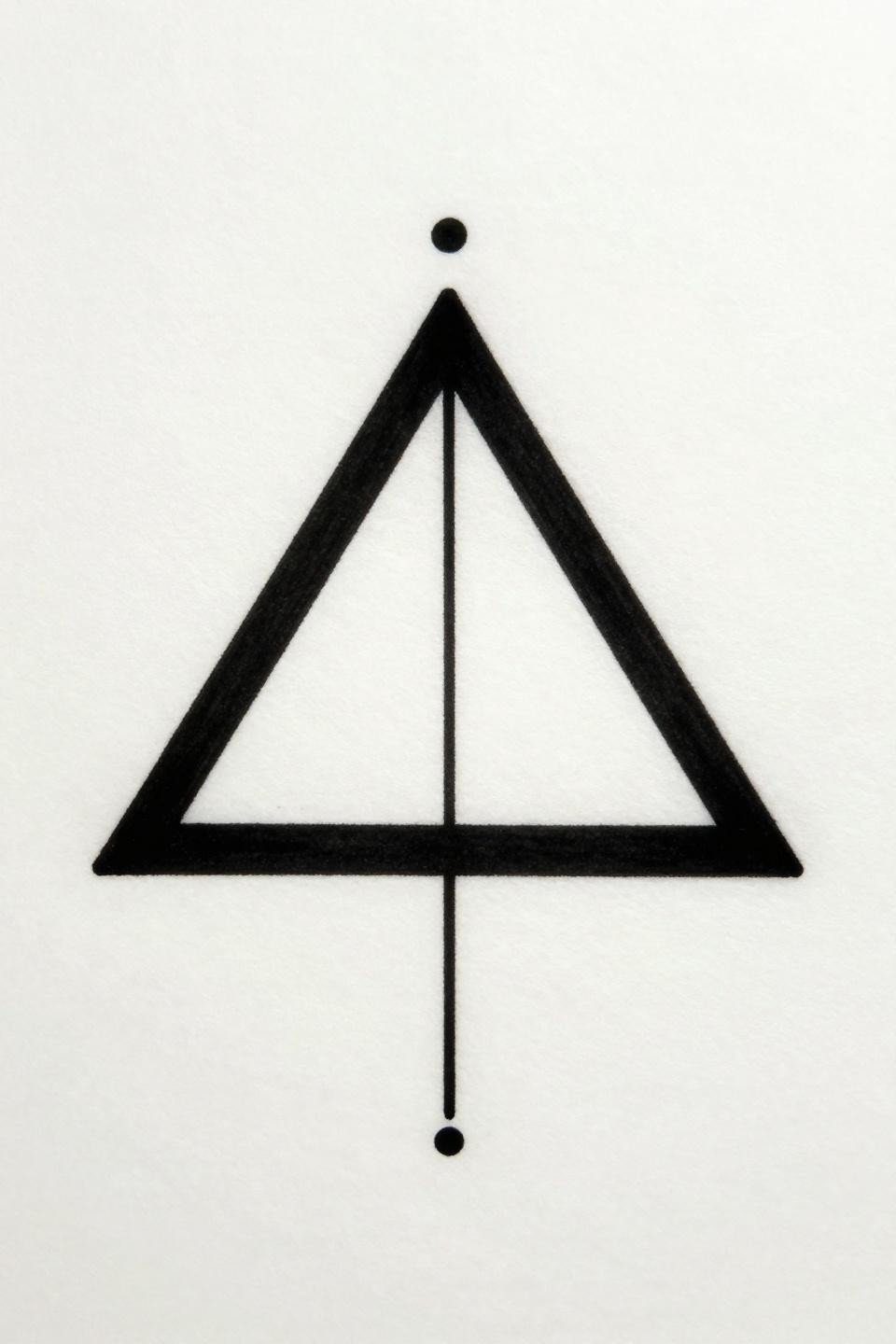 tiny tattoos with meaning unique art deco equilateral triangle flash, vertical bisecting line apex to base, filled dot apex point, compass-drafted bold 2-3pt flat fill symmetry