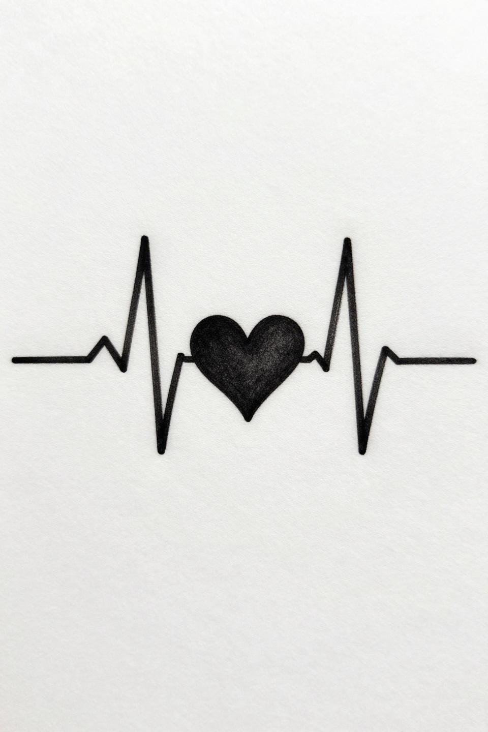 cute tiny tattoos with meaning fine line heartbeat pulse flash, solid heart center peak, medical diagram rhythm, hairline 0.5mm single needle horizontal composition
