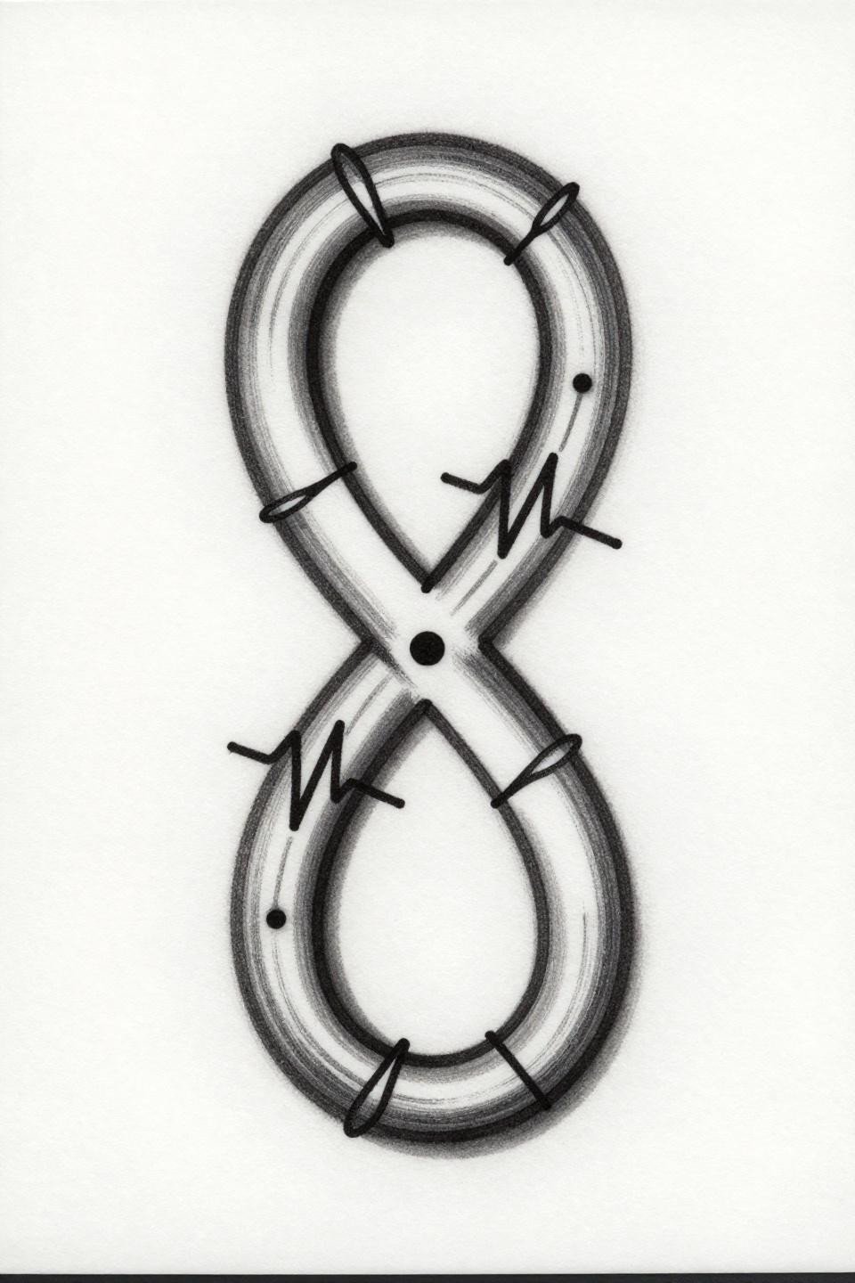 mini meaningful tattoos single continuous line infinity loop flash, heartbeat pulse woven upper curve, calligraphic thick to hairline weight shift, wet ink quality brush marks