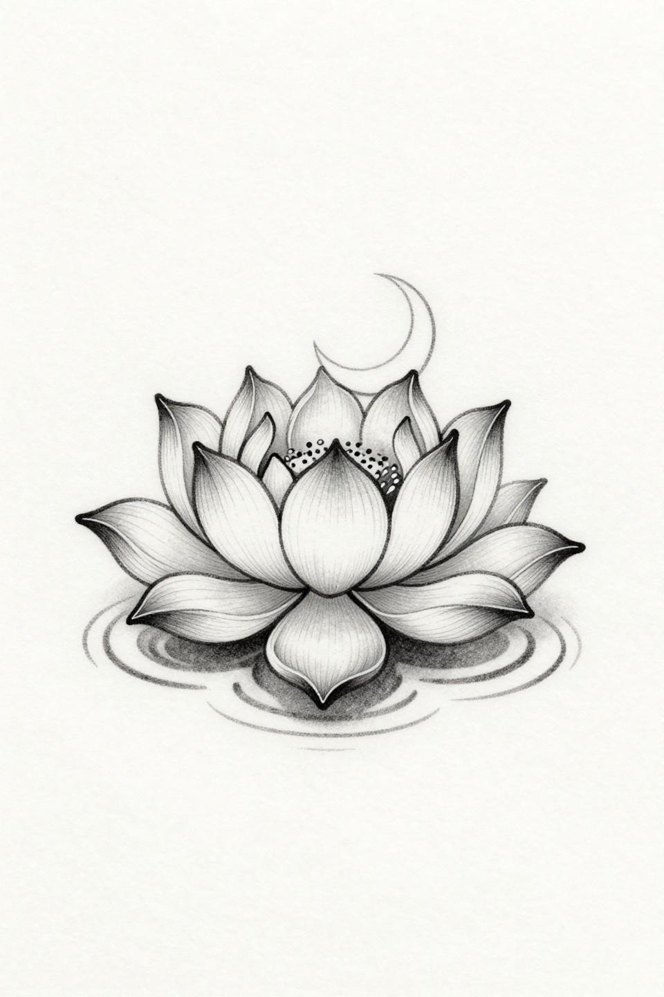 small girly tattoos fine line lotus flash, concentric water ripple base, crescent moon central bloom insert, hairline 0.5mm single needle open negative space