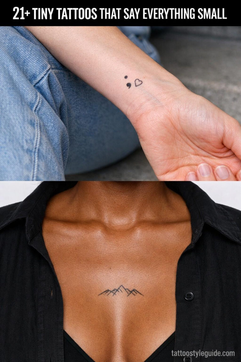 Fine line tiny tattoo collage, semicolon heart on fair wrist and mountain range on deep brown sternum, 0.5mm detail