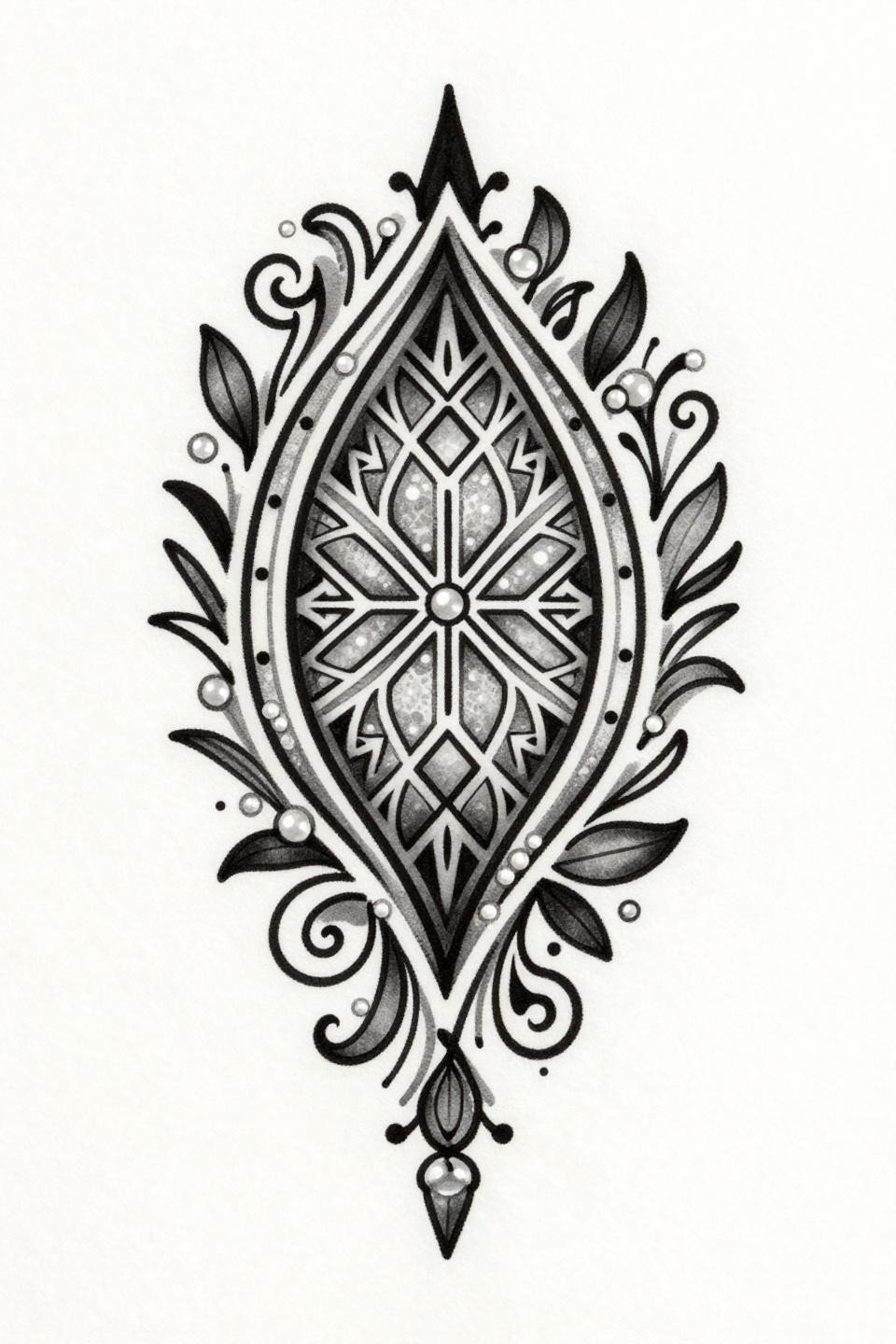 Art Deco mehndi paisley teardrop tattoo flash, geometric lattice fill, bold 3-4pt black outlines, pearl dot accents, vertical diamond frame composition