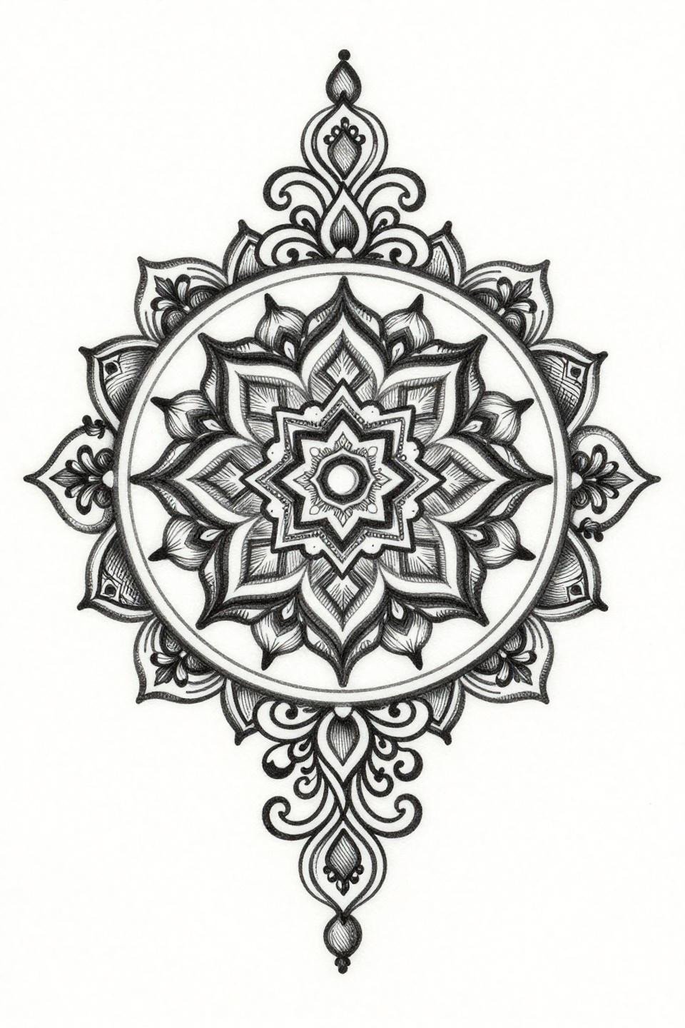 Art Nouveau mehndi arabesque mandala tattoo flash, crosshatch etching shading, teardrop motifs parallel line shadows, central lozenge medallion bilateral symmetry
