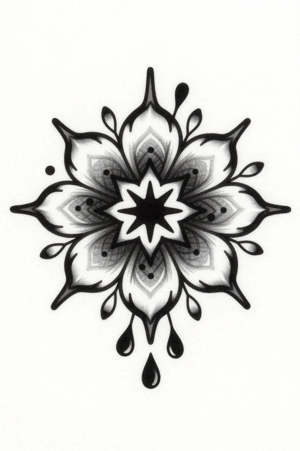 neo-traditional mehndi star flower mandala tattoo flash, tulip petals geometric weave, bold 2-3pt outlines flat grey wash fills bilateral symmetry