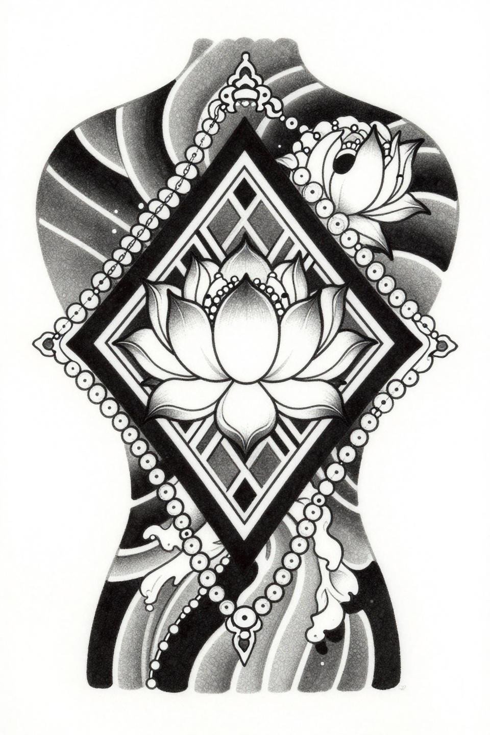 Japanese irezumi style mehndi lotus diamond frame tattoo flash, geometric lattice radiating, bold 2-3pt black outlines, flat black fills bead chain border