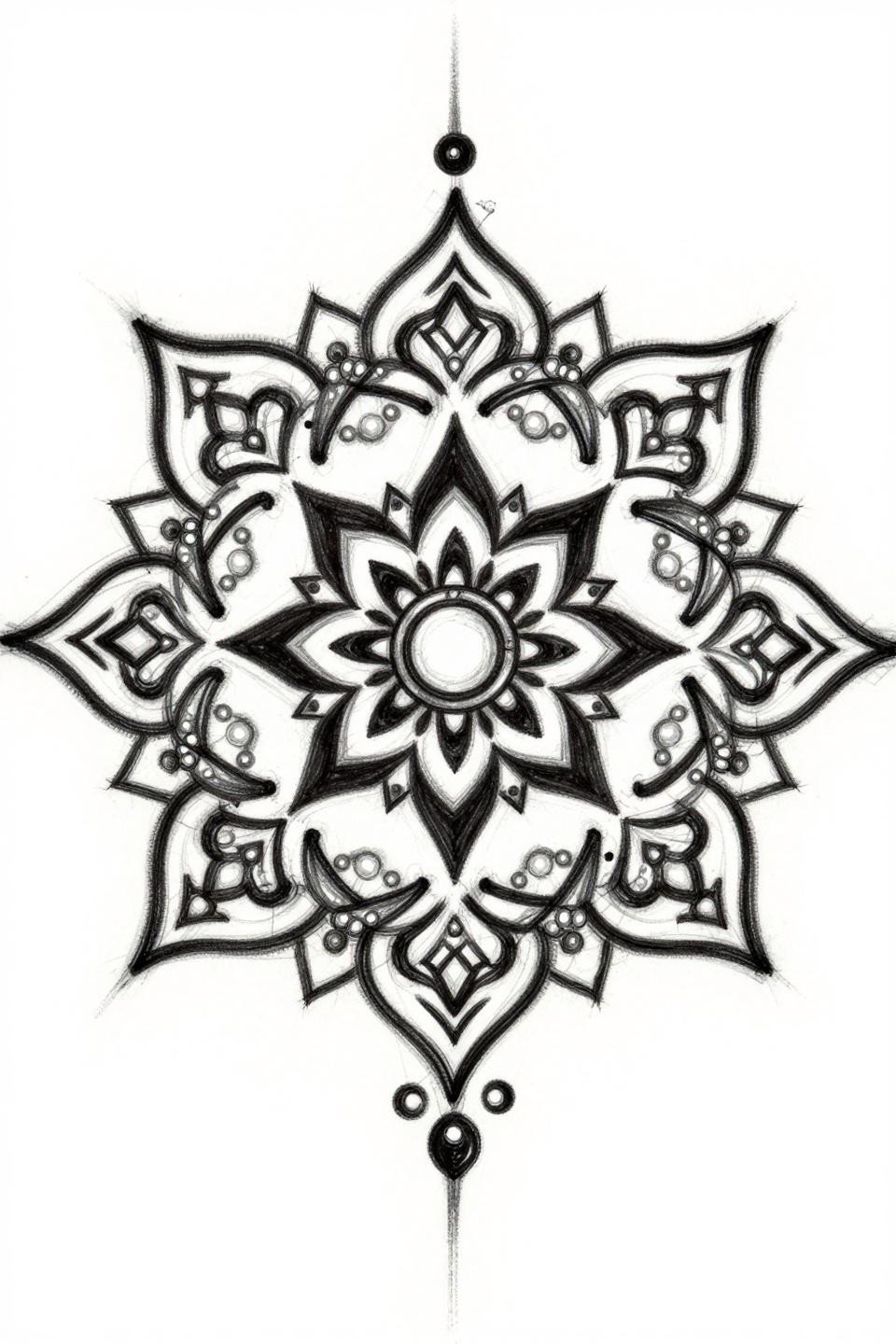 sketch raw style mehndi arabesque mandala tattoo flash, teardrop diamond chambers, visible hesitation marks, irregular symmetry grey wash midtones