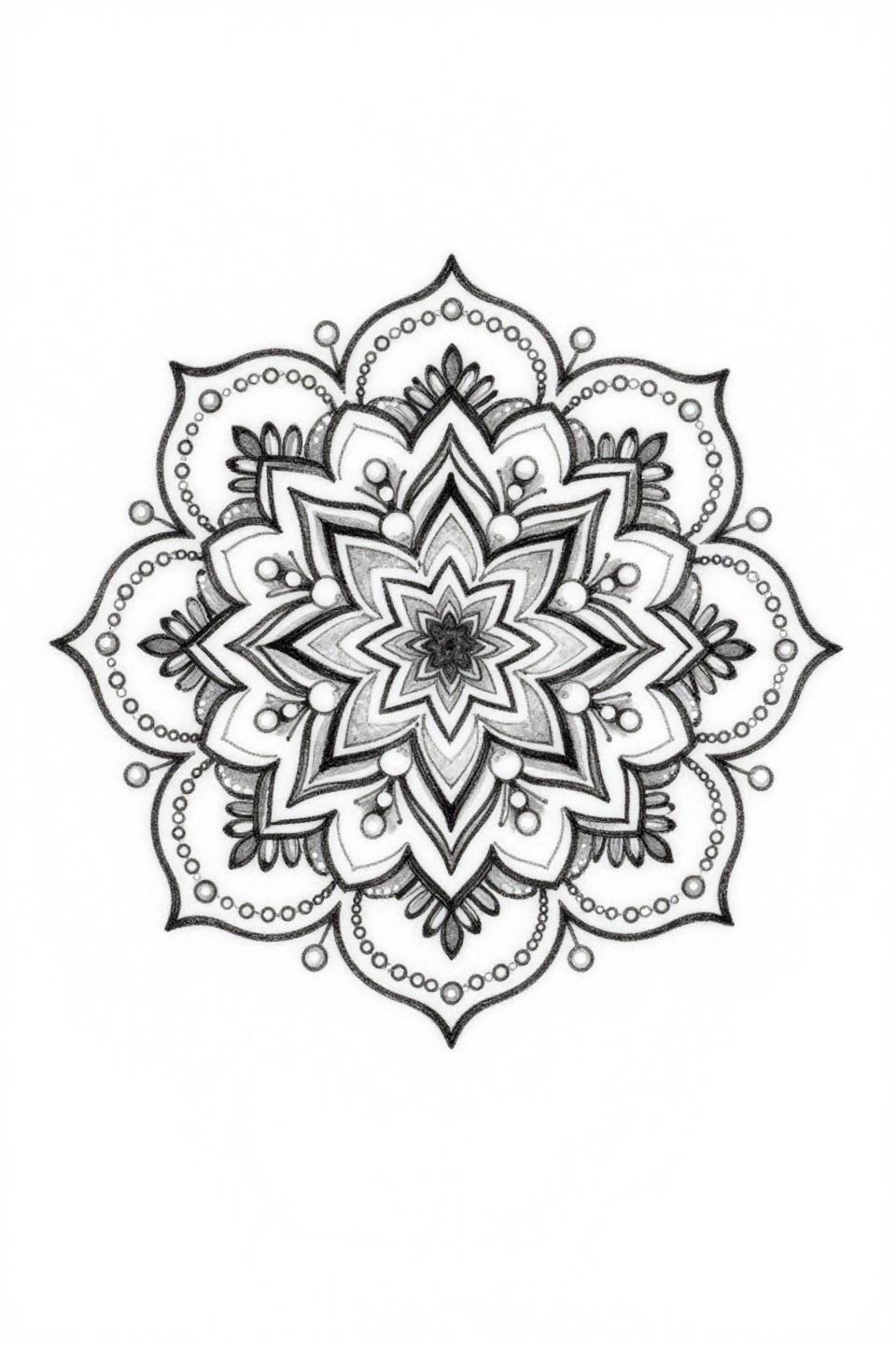 fine line minimal mehndi floral mandala tattoo flash, hairline 0.5mm single needle, nested circular petals, eight-pointed star, pearl bead dot accents concentric rings
