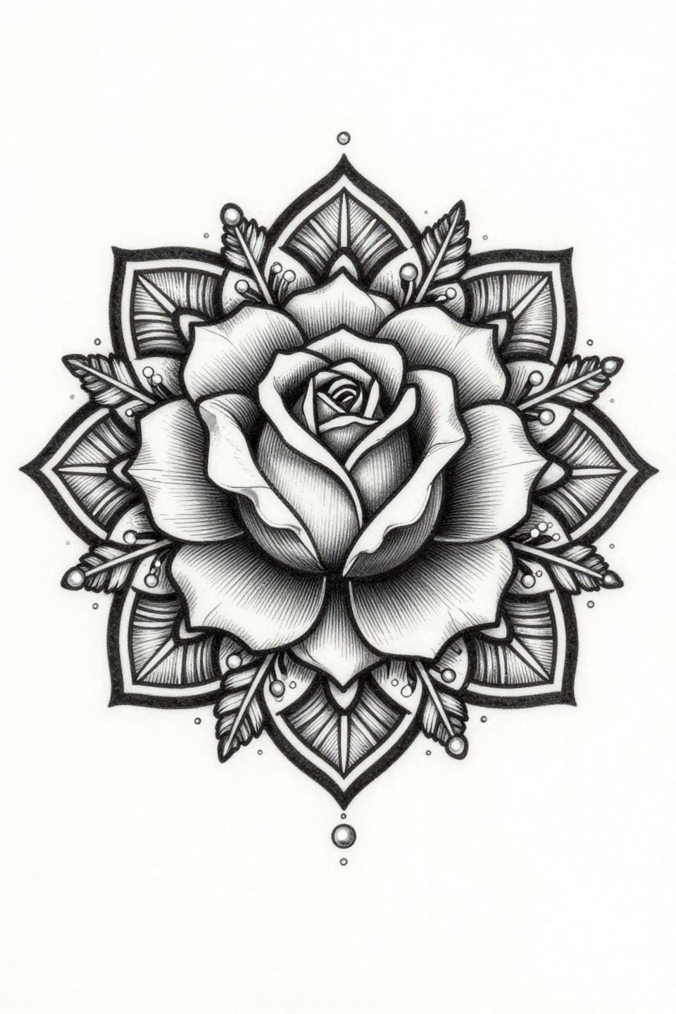 etching woodcut style mehndi rose mandala tattoo flash, parallel 0.5mm ruled hatching, teardrop lattice chambers, fern fronds bilateral symmetry