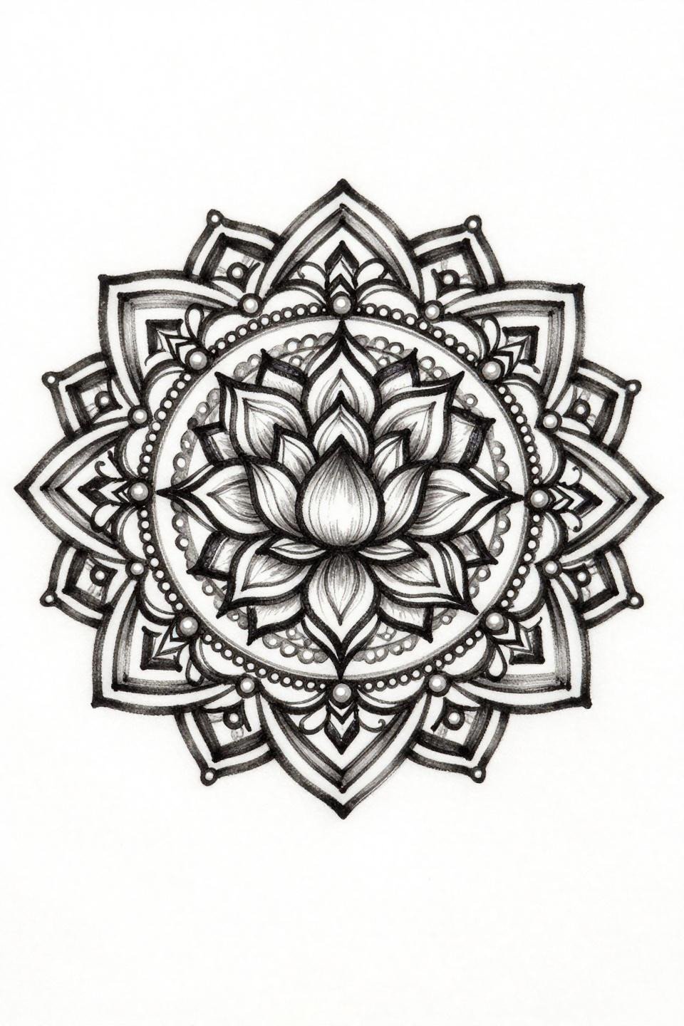 single continuous line mehndi henna mandala tattoo flash, radiating geometric sun, interlocking diamonds hexagons, unbroken calligraphic fluid wet ink quality