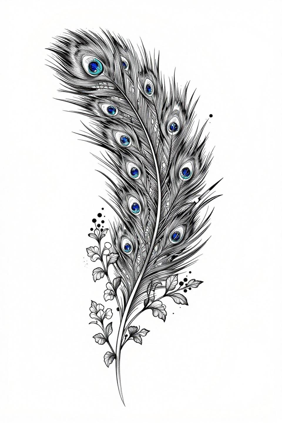 botanical scientific style mehndi peacock tattoo flash, hairline 0.5mm single needle, geometric lattice feather fills, floral vine grey wash dilution asymmetric layout