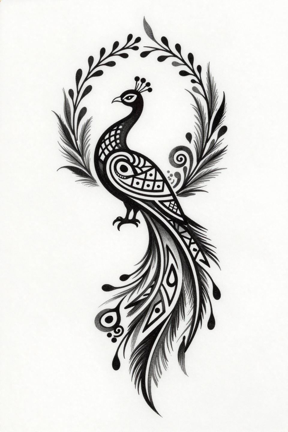 tribal geometric style mehndi peacock tattoo flash, bilateral symmetry, spiral coiled tail feathers, angular tribal lattice fills, bold 2-3pt outlines flat black