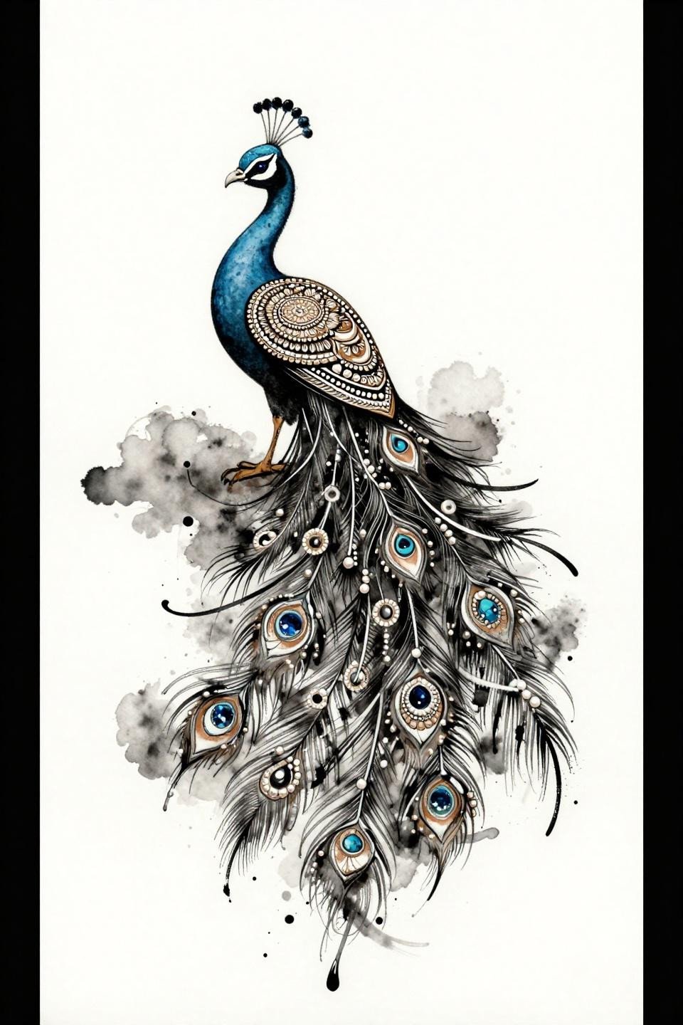 watercolor splash mehndi arabesque peacock tattoo flash, wet ink floral bleed, vine spiral teardrop body, grey wash dilution midtones asymmetric