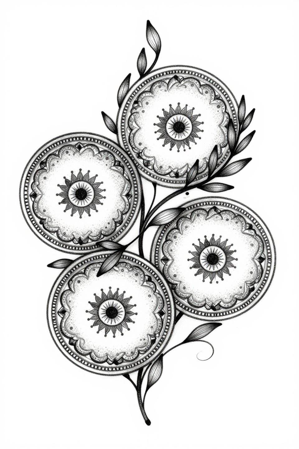 latest simple mehndi designs botanical scientific flash, three interlocking circular mandalas dotwork centers continuous mehndi vine, hairline 0.5mm single-needle strokes grey wash dilution open negative space