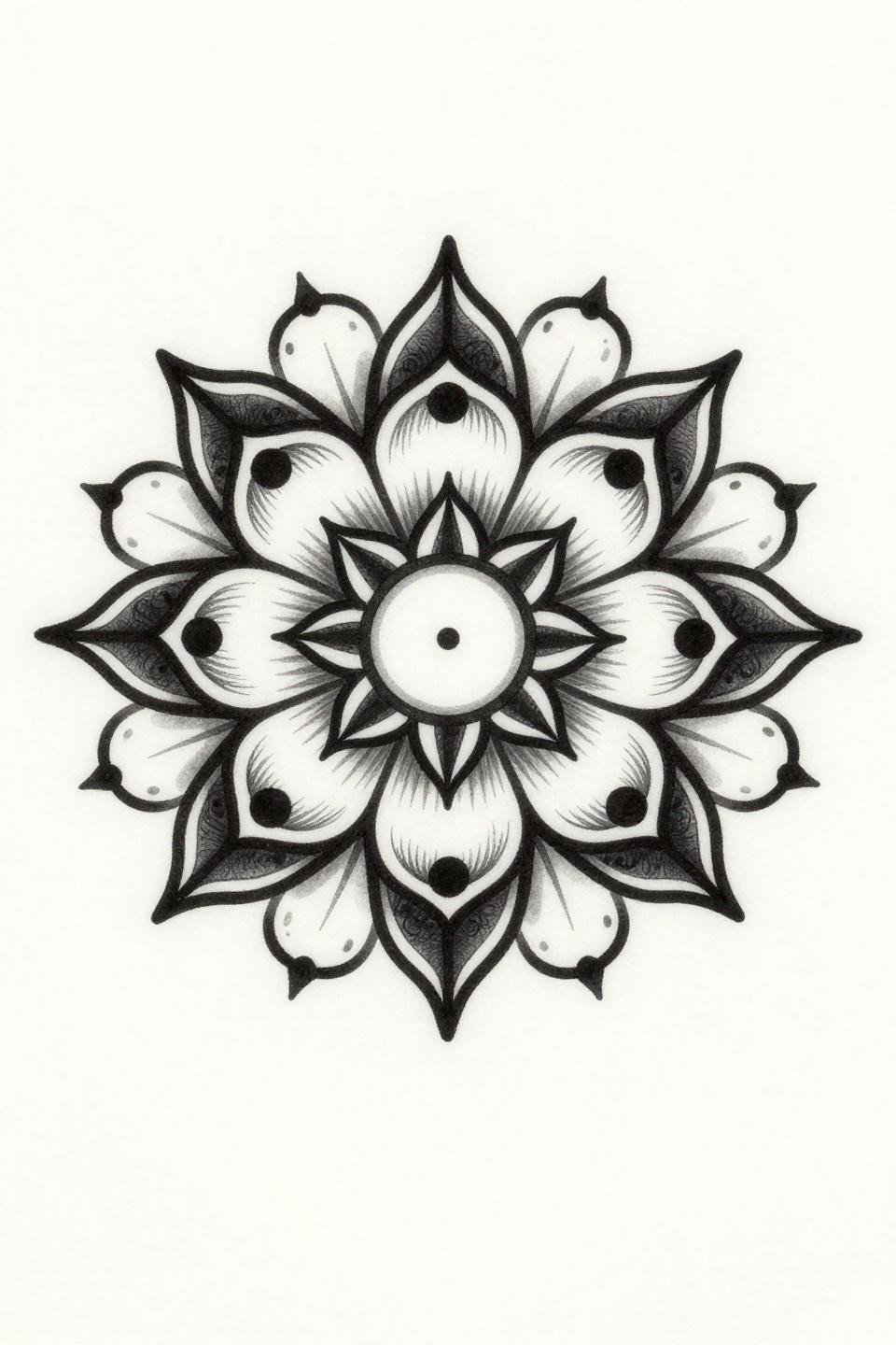 very simple mehendi designs Japanese irezumi flash, minimalist mehndi lotus four-petal bilateral symmetry, bold black outlines irezumi whip shading curved strokes grey wash midtones