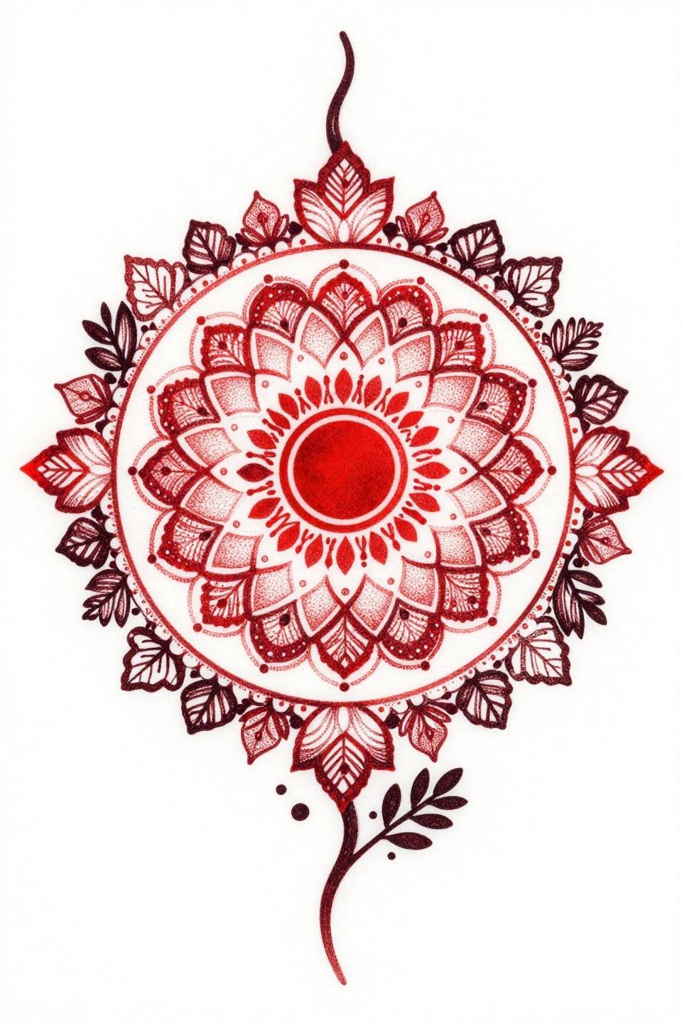 very simple mehndi mandala flash, micro-realism stipple style, interlocking circular mandalas hairline 0.5mm single-needle strokes crimson red accent