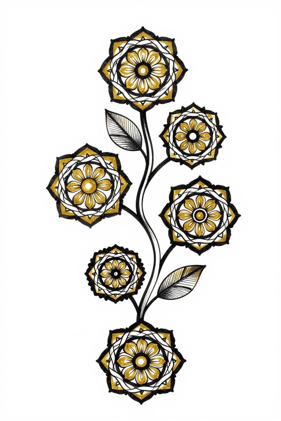 aesthetic mehndi designs Celtic knotwork flash, five staggered vertical cascade mandalas four-petal center flower concentric rings, crosshatch etching flat gold solid black ink