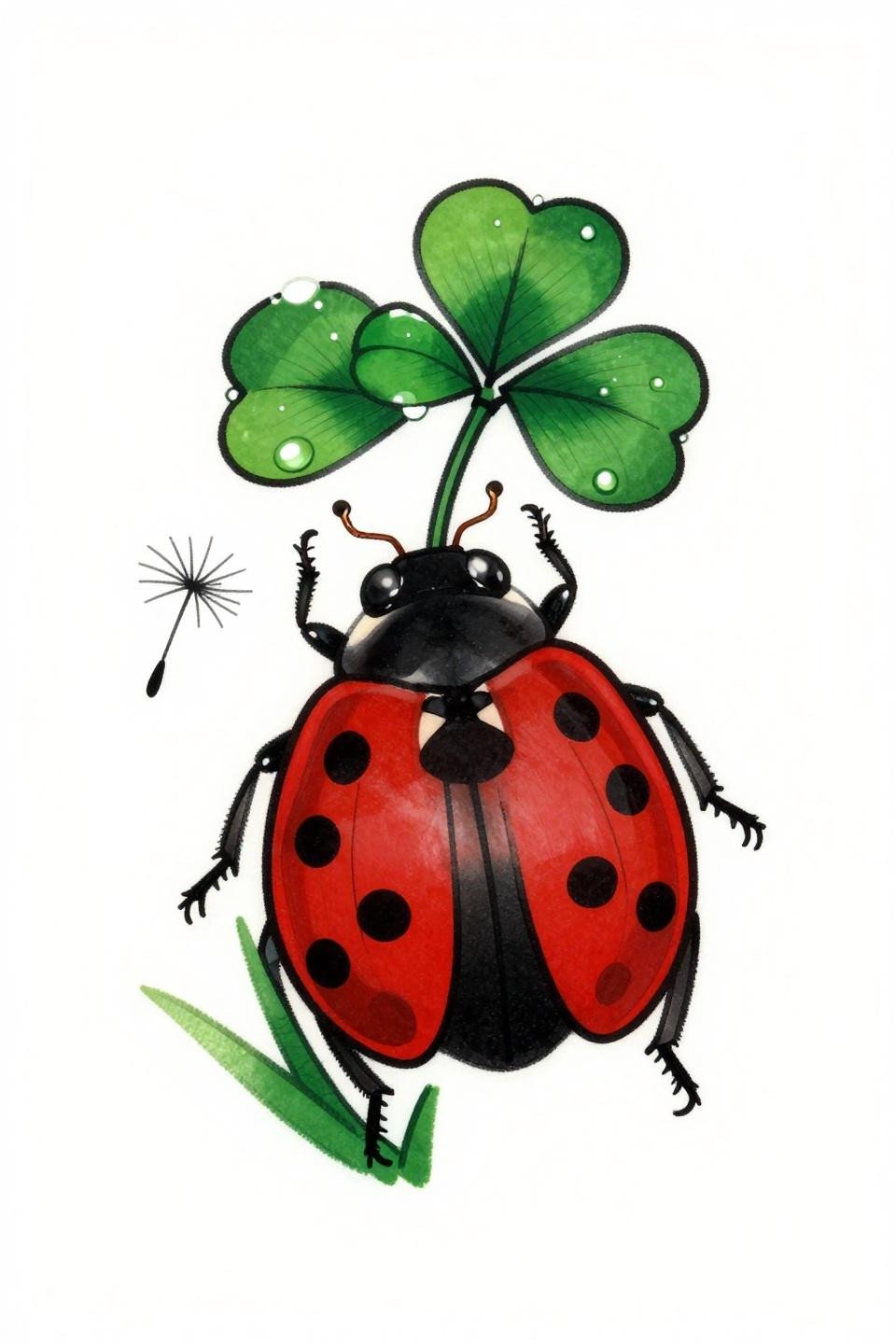 fairycore ladybug tattoo flash, Japanese Irezumi style, bold 2-3pt black outlines, crimson red flat fill on black ink, clover dewdrops composition, centered negative space