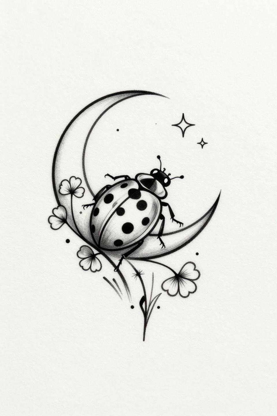 ladybug tattoo flash, single continuous line style, hairline unbroken 1RL stroke, ladybug on crescent moon with clover and stars, open negative space, dense black ink