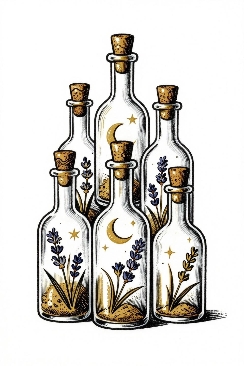 whimsical tattoo ideas flash, etching woodcut style, apothecary bottles cluster, crosshatch parallel-line shading, flat gold and solid black ink, vertical asymmetric composition