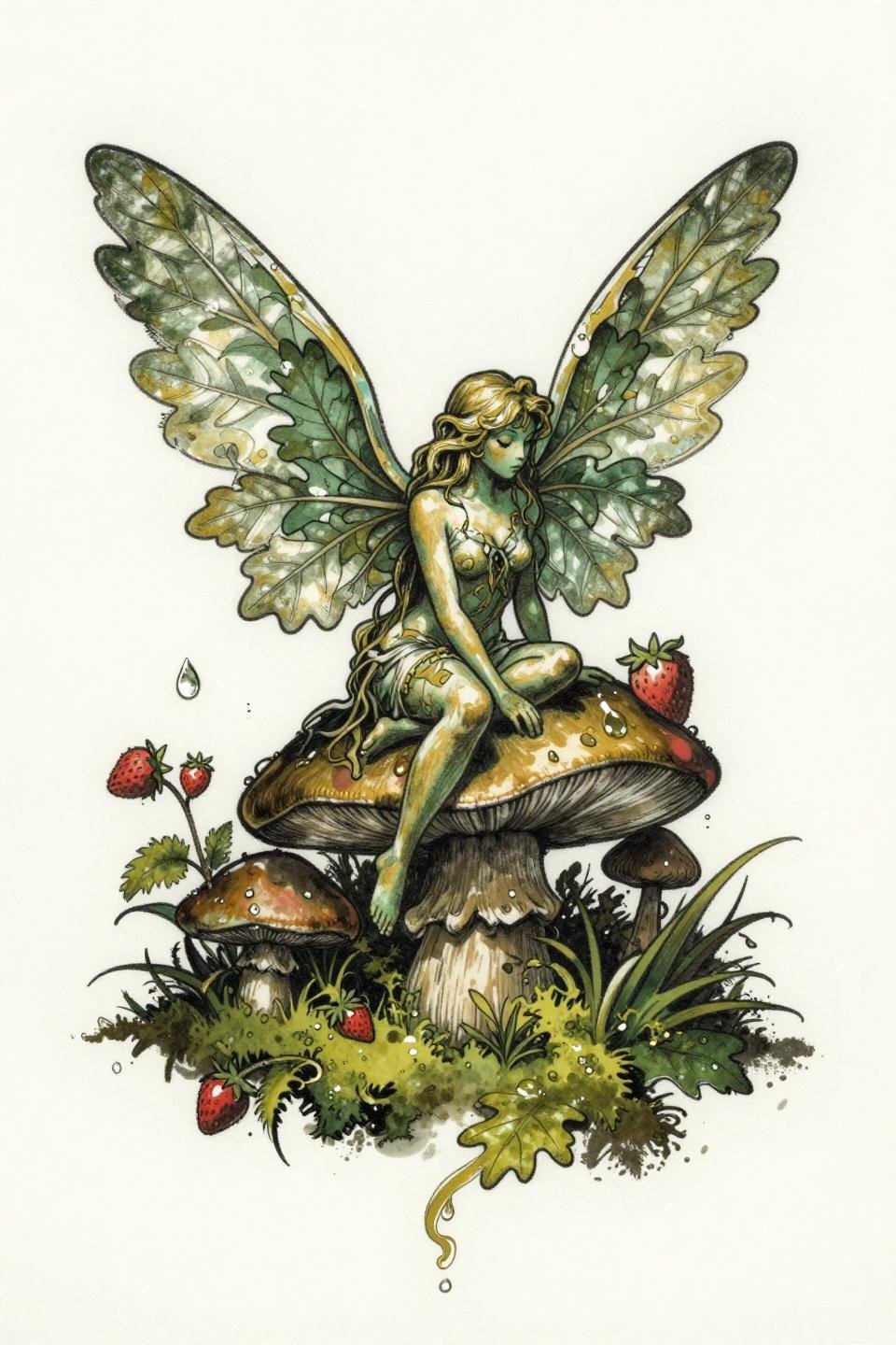 unique feminine tattoo flash, art nouveau style, woodland sprite on toadstool throne, calligraphic brush ink marks, forest green and gold fills, bold black outlines, organic flowing symmetry