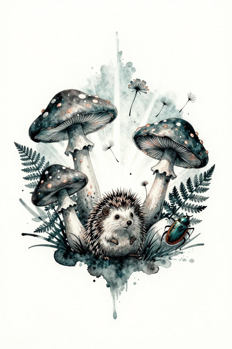 ethereal tattoo ideas flash, watercolor splash style, mushroom ring mandala with hedgehog dormouse and fern fronds, wet ink diffused bleeding edges, deep teal and copper metallic accent ink