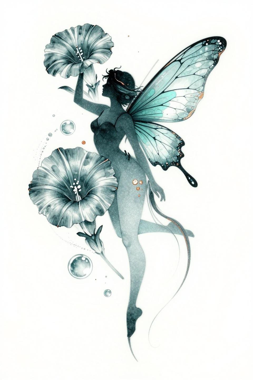 whimsical fairy dragonfly tattoo flash, surrealist style, whip shading curved motion strokes, deep teal and copper metallic ink on white paper