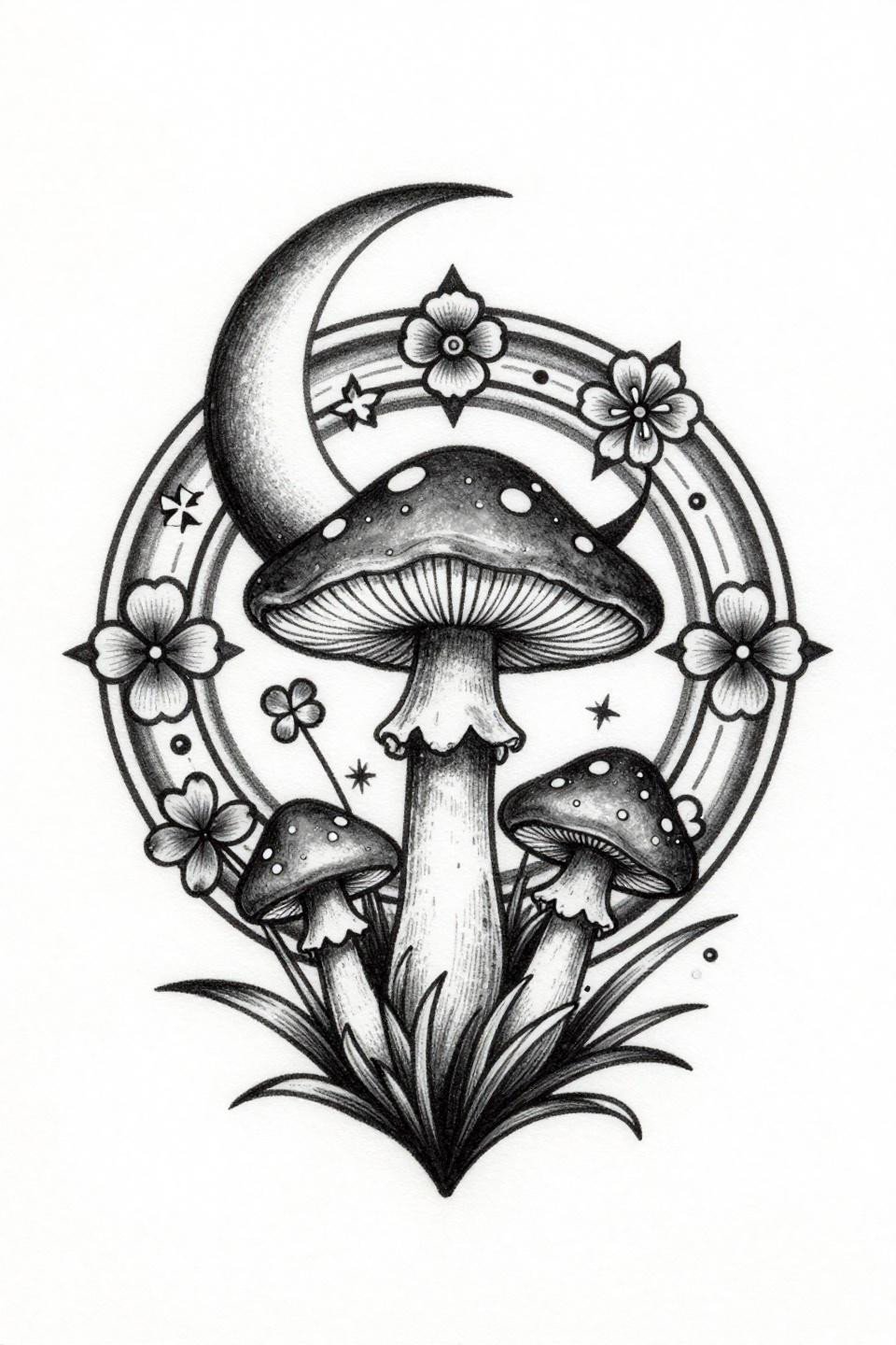 dreamy tattoo ideas flash, botanical scientific style, fairy ring toadstool mandala with crescent moon and forget-me-nots, hairline 0.5mm single-needle strokes, grey wash midtones, open negative space