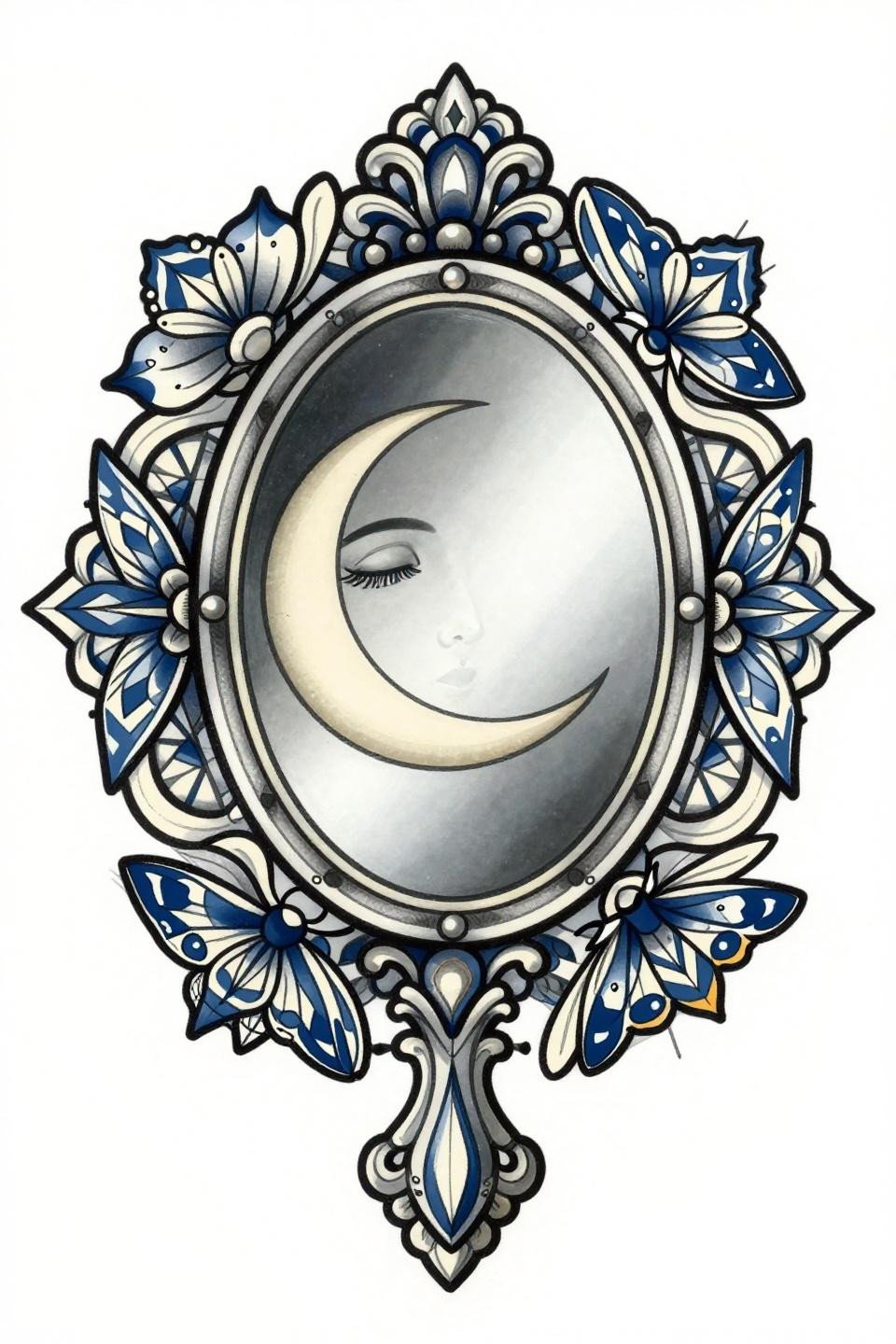 whimsigoth tattoo flash, tribal geometric style, bilateral symmetry, bold 2-3pt black outlines, navy blue and cream flat fills, ornate mirror moth composition