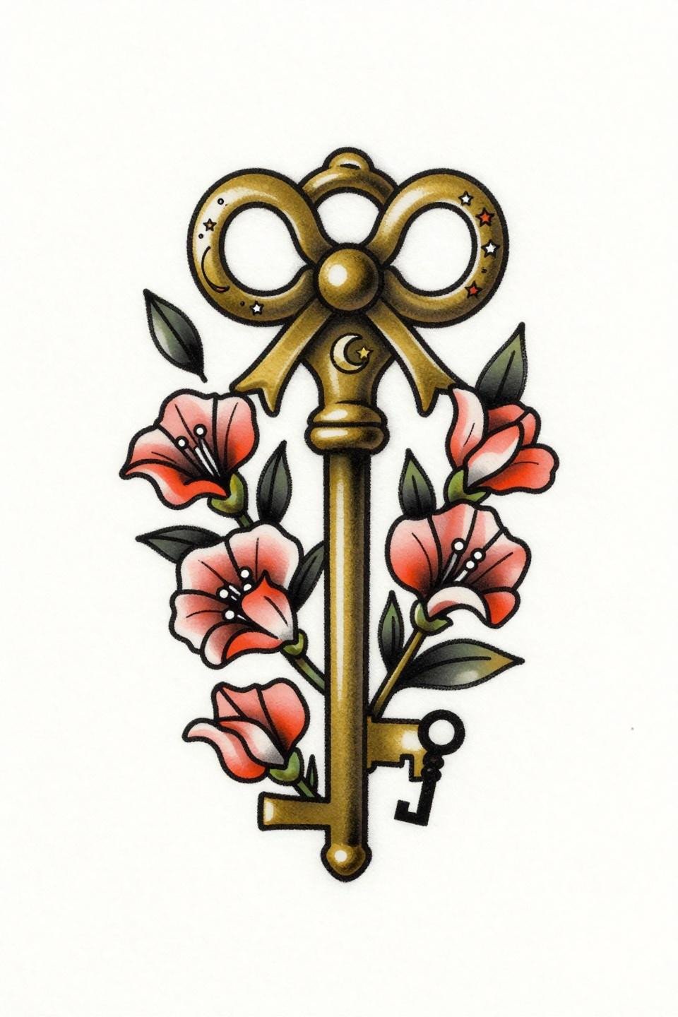earthy whimsical tattoo flash, neo-traditional style, vintage key transforming into flowering vine, bold black outlines, coral and charcoal flat fills, centered vertical composition