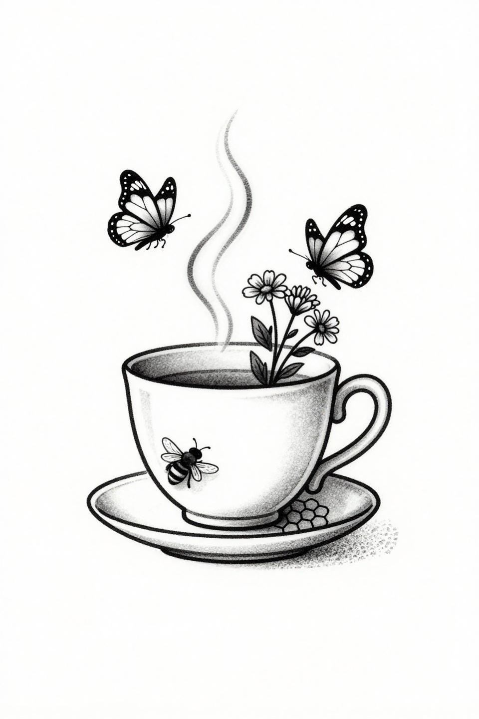 whimsy tattoo flash, fine line minimal style, teacup with butterfly steam wisps and wildflowers, hairline 0.5mm single-needle strokes, zero grey wash, dense black ink on white paper