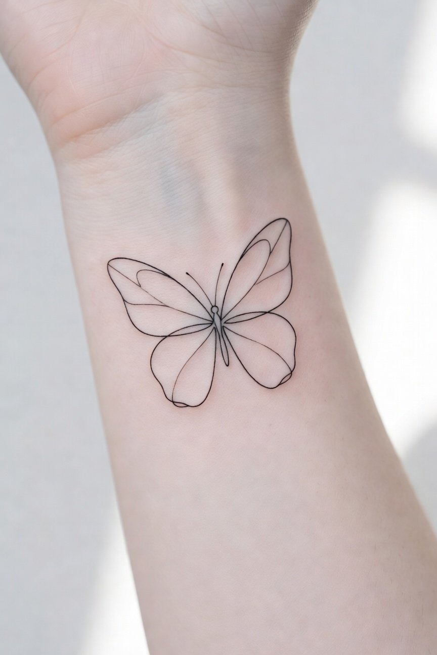 butterfly tattoo with delicate continuous line work on inner wrist showing negative space wings and symmetrical minimalist design