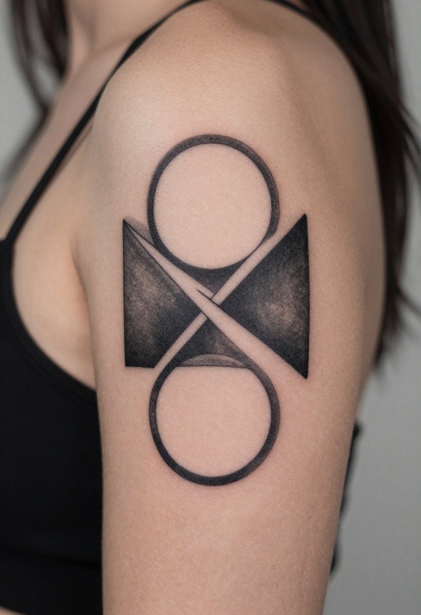 minimalist geometric tattoo with interlocking black triangles and circles, fine-line work, negative space design on skin with natural lighting