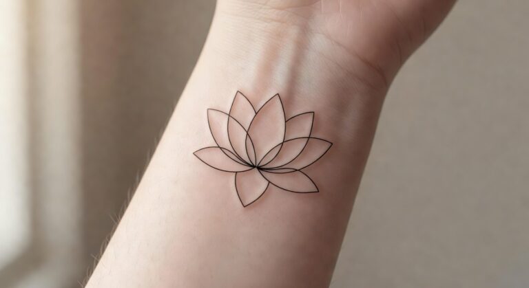 Delicate minimalist lotus tattoo on inner wrist featuring single bloom with unfurling petals rendered in precise black ink lines, clean negative space, no fill, shown in natural light.