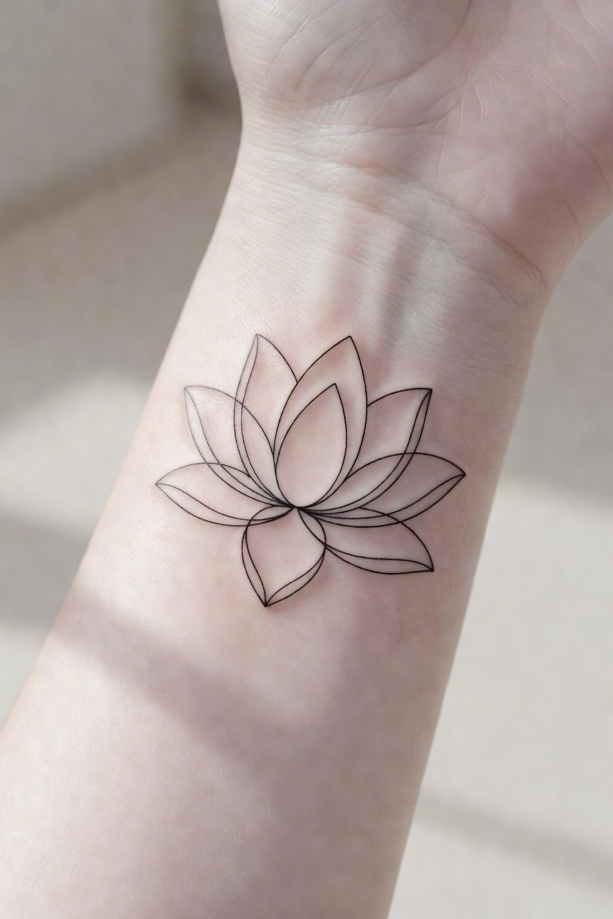 minimalist lotus tattoo on inner wrist with single bloom in precise black ink, clean negative space, natural light