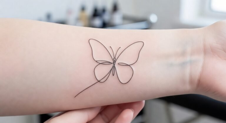 Minimalist single-line butterfly tattoo on inner forearm in clean black fine-line ink, no shading, ageing cleanly with crisp lines