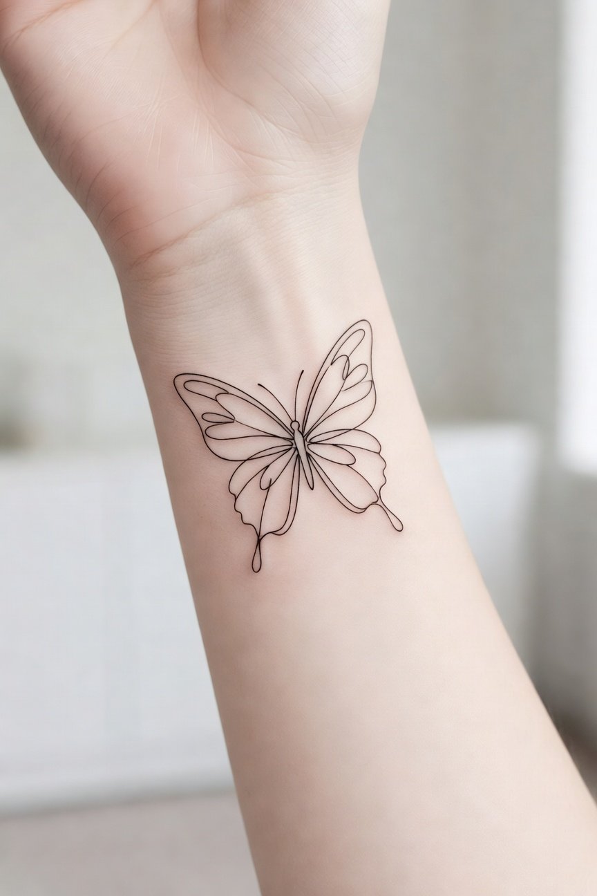 minimalist tattoo designs - single line butterfly tattoo with delicate continuous linework on inner forearm placement