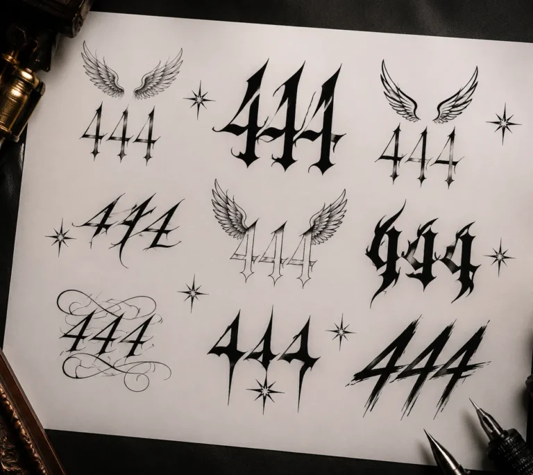 Number 444 tattoo flash sheet with angel number styling, stars and small wings, black ink studies