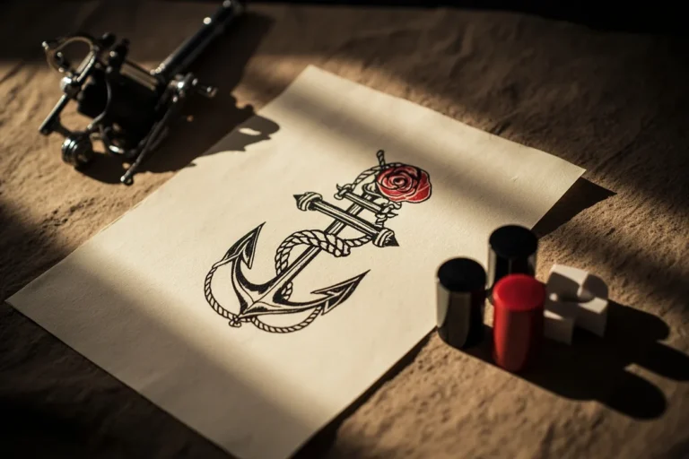 Anchor tattoo flash with rope and flower