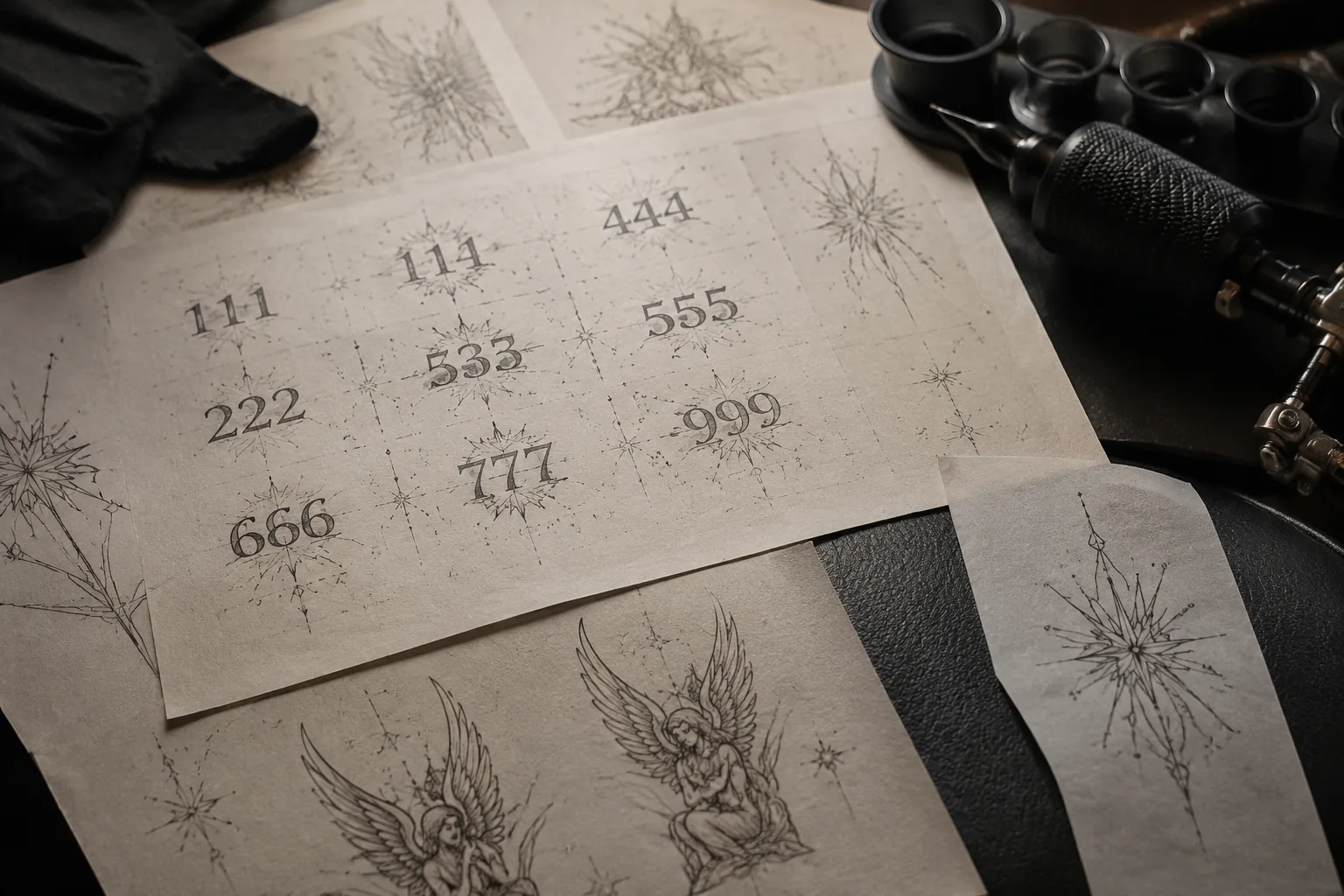 Angel number tattoo flash with clean numerals
