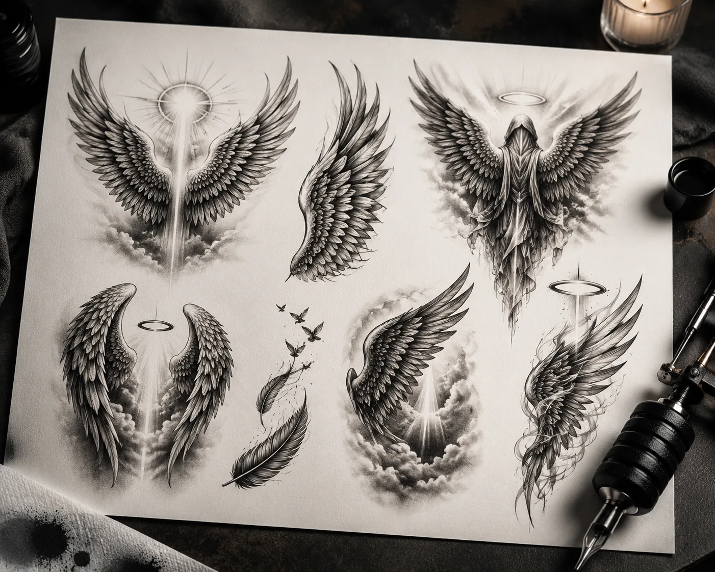 Angel tattoo ideas wings guardian memorial flash sheet