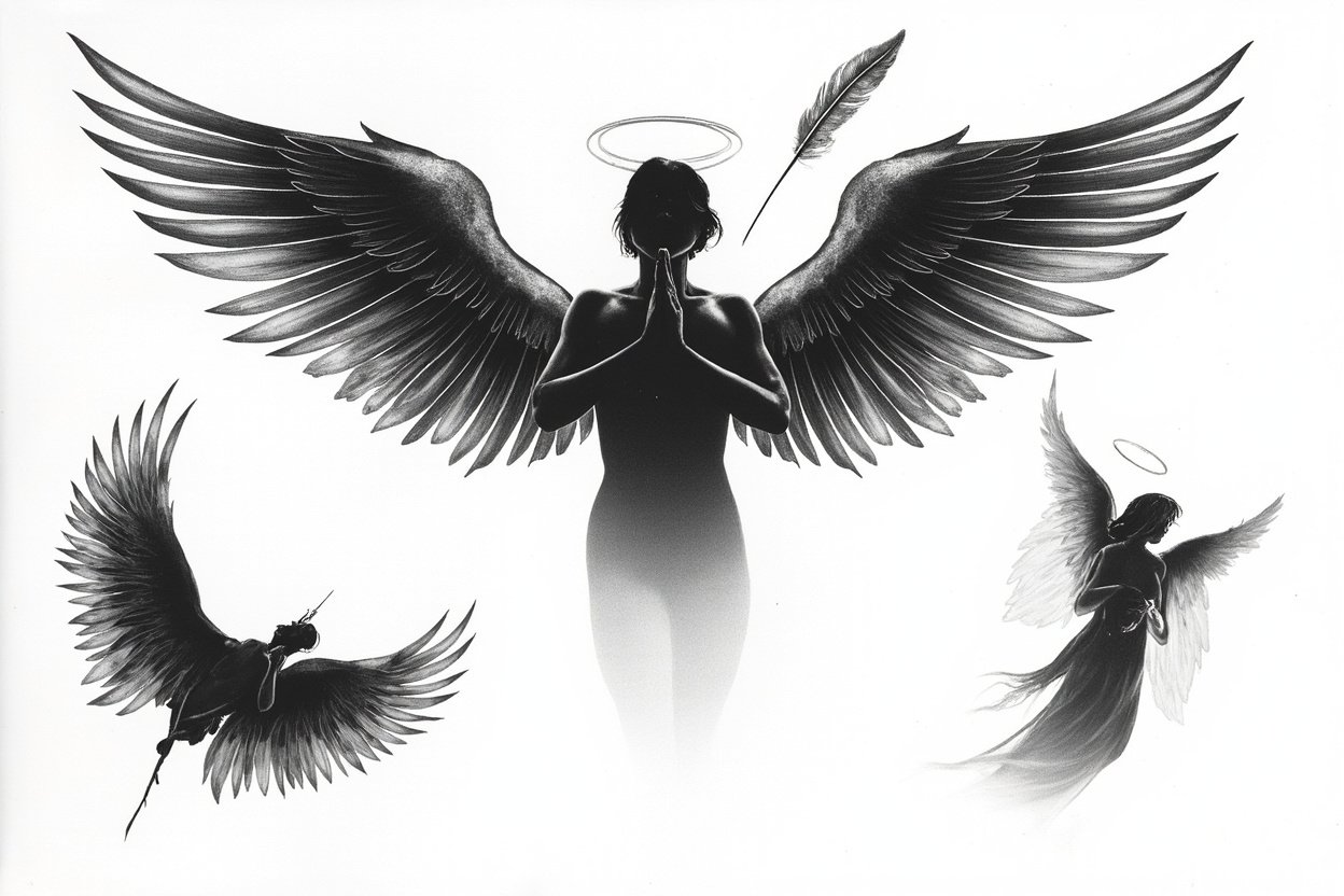 Black and grey angel tattoo flash sheet with guardian angel, praying angel, fallen angel and halo motifs