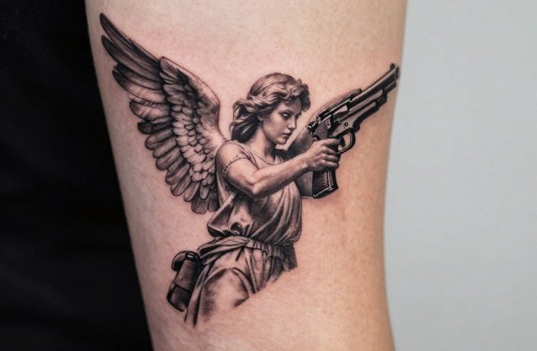 Angel with Gun Tattoo Meaning: Duality, Protection & Rebellion