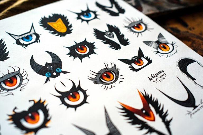 Anime tattoo flash sheet with stylized manga-style eyes in black and color ink on studio paper