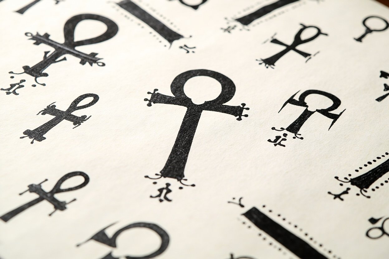 Ankh tattoo flash sheet with Egyptian ankh cross variations in black ink, ornamental and blackwork ankh designs with hieroglyph accents