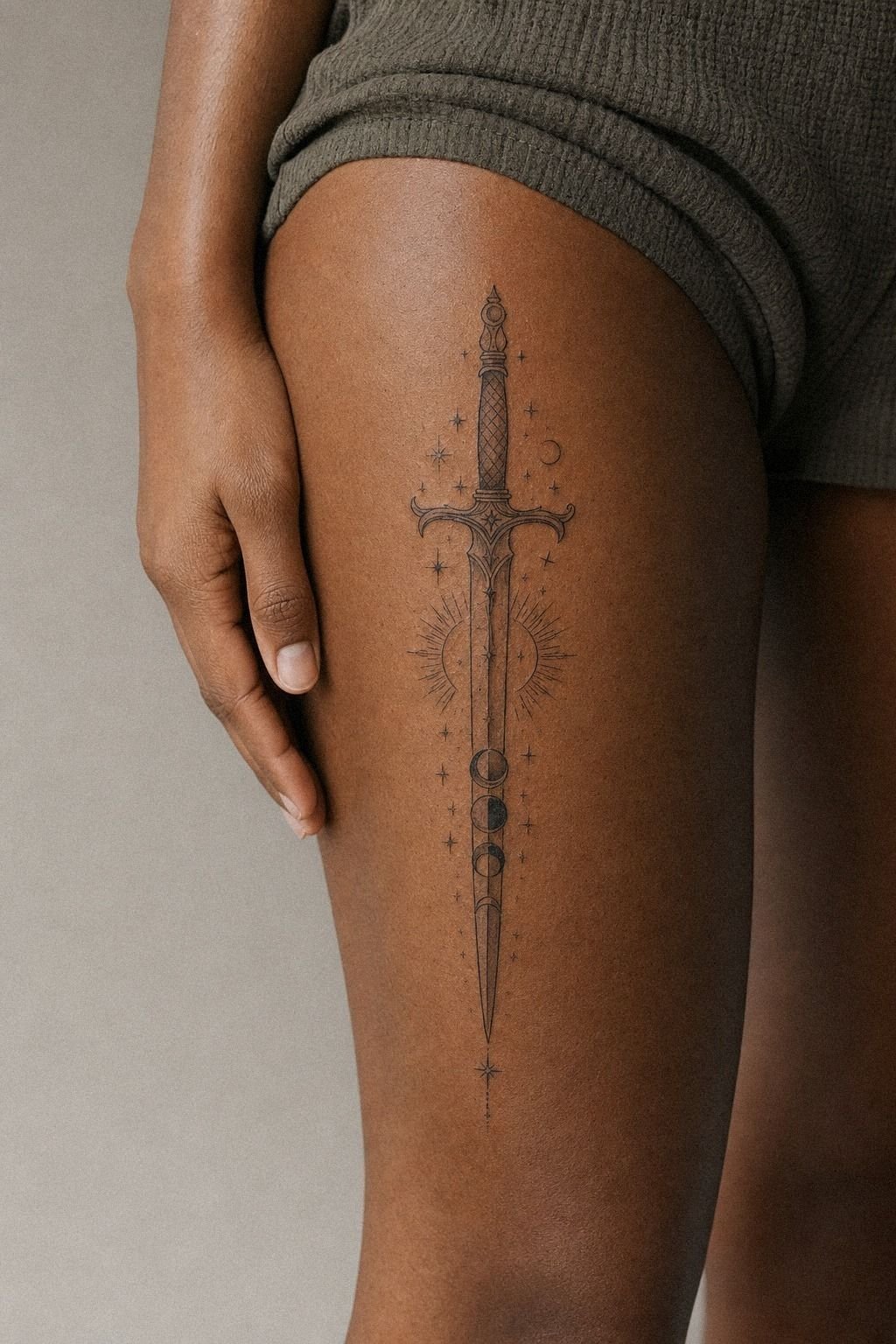 Plan A Celestial Dagger Thigh Tattoo