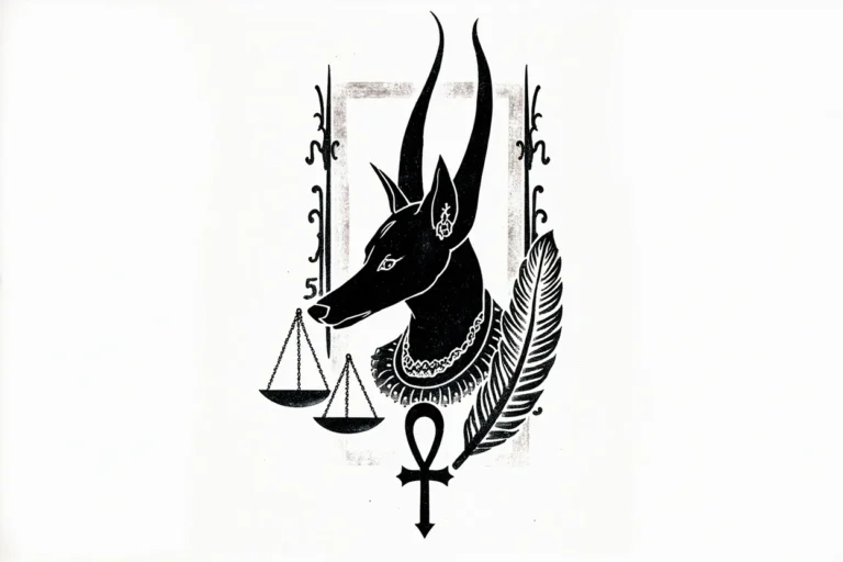 Black and grey Anubis tattoo flash sheet with jackal-headed Egyptian god, scales of judgment, feather of Maat and ankh