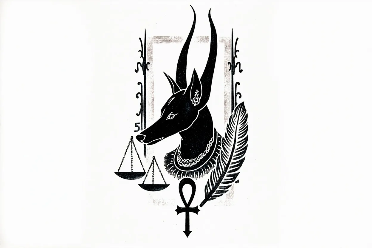 Black and grey Anubis tattoo flash sheet with jackal-headed Egyptian god, scales of judgment, feather of Maat and ankh